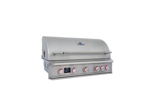 Stono Outdoor Living The Blaze LTE PRO 40-Inch 5-Burner Built-in Natural Gas Grill (BLZ-5LTEPRO-NG) features stainless steel burners, five control knobs, a digital temperature screen, a closed lid, and is shown on a plain white background.