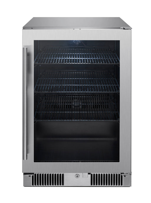Stono Outdoor Living The Blaze 20-Inch 4.5 Cu. Ft. Outdoor Rated Beverage Cooler (BLZ-GDBEV20-4.5) by Blaze features a stainless steel exterior, glass door, left vertical handle, lock, three black wire shelves, and bottom ventilation grilles. The fridge is empty and shown from the front.