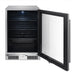 Stono Outdoor Living The Blaze 20-Inch 4.5 Cu. Ft. Outdoor Rated Beverage Cooler w/ Lock (BLZ-GDBEV20-4.5) features a sleek stainless steel finish, glass door, digital display, top control buttons, and black wire shelves inside for convenient storage.