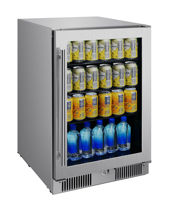 Stono Outdoor Living The Blaze 20-Inch 4.5 Cu. Ft. Outdoor Rated Beverage Cooler w/ Lock (BLZ-GDBEV20-4.5) by Blaze keeps sparkling water cans up top and water bottles below, making it the perfect stainless steel beverage fridge for any outdoor gathering.