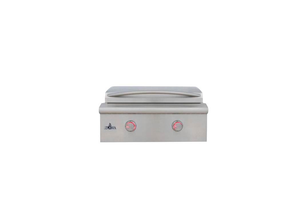 Stono Outdoor Living A Blaze LTE+ 30-Inch Built-in Propane Gas Griddle (BLZ-GRIDDLE-LTE3-LP) by Blaze, featuring a lift-assist hood and two red control knobs on the front panel, is shown with the lid closed against a white background.
