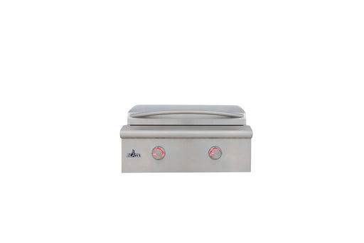 Stono Outdoor Living A Blaze LTE+ 30-Inch Built-in Propane Gas Griddle (BLZ-GRIDDLE-LTE3-LP) by Blaze, featuring a lift-assist hood and two red control knobs on the front panel, is shown with the lid closed against a white background.