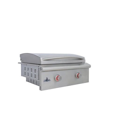 Stono Outdoor Living The Blaze LTE+ 30-Inch Built-in Propane Gas Griddle (BLZ-GRIDDLE-LTE3-LP) features a lift-assist hood, two red-accented control knobs, and a front panel logo—ideal for outdoor kitchens.