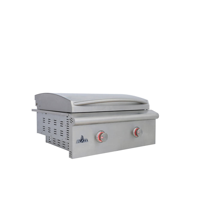 Stono Outdoor Living The Blaze LTE+ 30-Inch Built-in Propane Gas Griddle (BLZ-GRIDDLE-LTE3-LP) features a lift-assist hood, two red-accented control knobs, and a front panel logo—ideal for outdoor kitchens.