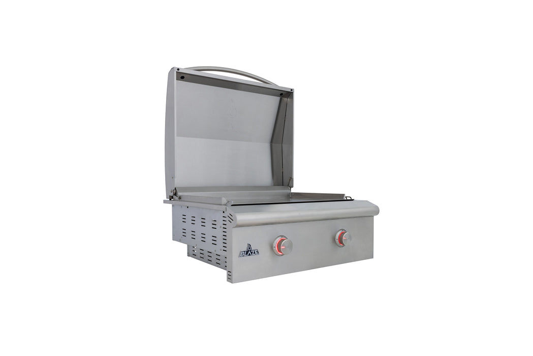 Stono Outdoor Living The Blaze LTE+ 30-Inch Built-in Propane Gas Griddle (BLZ-GRIDDLE-LTE3-LP) features a lift-assist hood, two front control knobs, and side ventilation—ideal for outdoor griddle cooking.