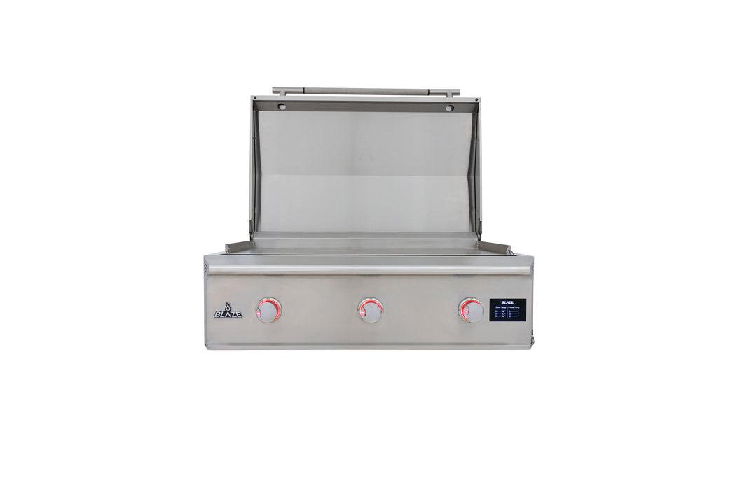Stono Outdoor Living The Blaze LTE PRO 40-Inch Built-in Propane Gas Griddle (BLZ-GRIDDLE40-LP) features three red knobs, a digital temperature screen, and a lift-assist lid, shown with an open hood against a plain white background.
