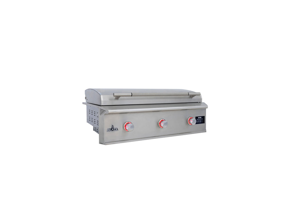 Stono Outdoor Living The Blaze LTE PRO 40-Inch Built-in Propane Gas Griddle (BLZ-GRIDDLE40-LP) by Blaze features three red control knobs, a digital temperature screen, and a lift-assist lid, shown with its stainless steel finish against a plain white background.