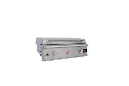 Stono Outdoor Living The Blaze LTE PRO 40-Inch Built-in Propane Gas Griddle (BLZ-GRIDDLE40-LP) by Blaze features three red control knobs, a digital temperature screen, and a lift-assist lid, shown with its stainless steel finish against a plain white background.