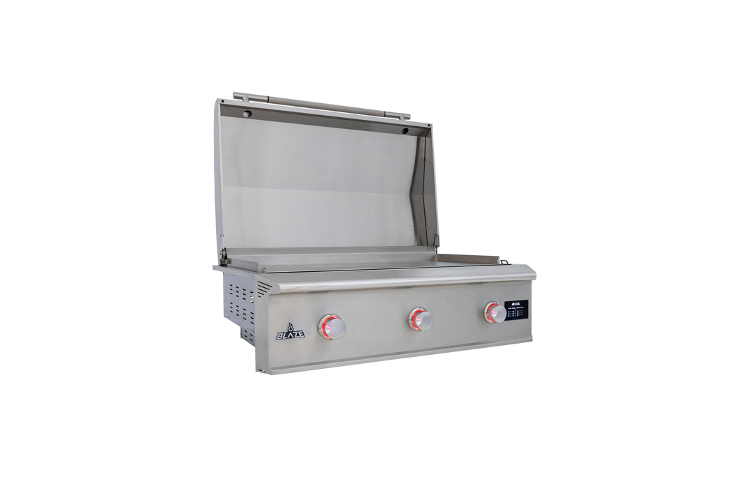 Stono Outdoor Living The Blaze LTE PRO 40-Inch Built-in Propane Gas Griddle (BLZ-GRIDDLE40-LP) by Blaze features three red control knobs, a lift-assist lid, and digital temperature screen, shown open against a plain white background.