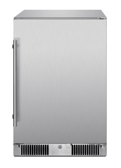Stono Outdoor Living The Blaze 20-Inch 4.3 cu. ft. Outdoor Rated Refrigerator w/ Lock (BLZ-SSRF20-4.3) features a stainless steel design, flat front door, left vertical handle, and bottom vent—ideal for BBQ islands or outdoor kitchens.