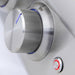 Stono Outdoor Living A close-up of a Blaze Premium LTE+ 32" 4-Burner Grill's metallic control knob set to OFF, featuring a textured grip, illuminated blue line, and a small red-outlined round button on the sleek stainless steel panel.