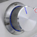 Stono Outdoor Living A close-up shows a Blaze Premium LTE+ 32" grill's stainless steel control knob, set between OFF and HI, with a blue indicator light glowing around the dial.