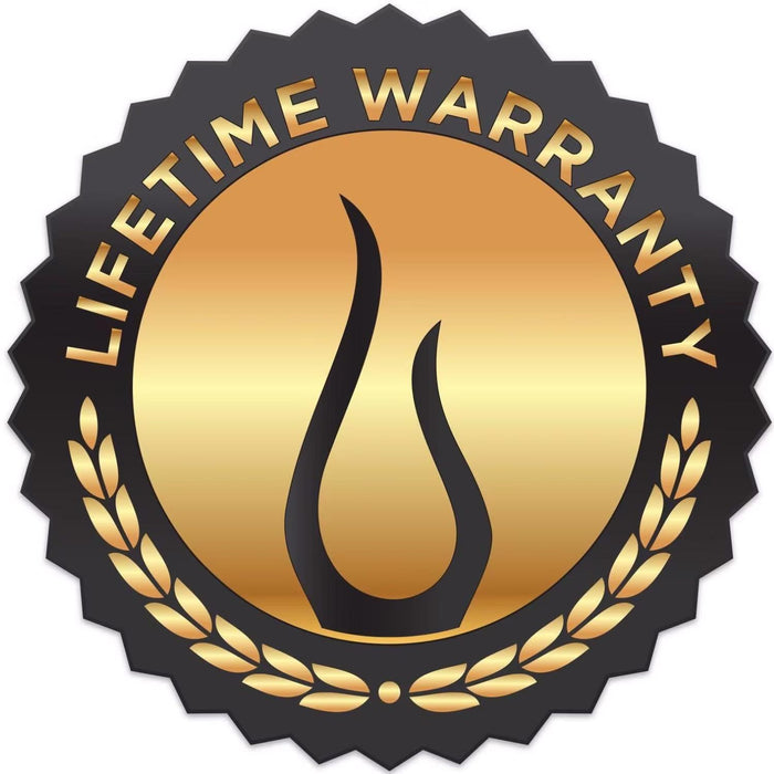 Stono Outdoor Living A gold and black “Lifetime Warranty” badge with a laurel wreath and flame icon—ideal to showcase Blaze's Premium LTE+ 40" 5-Burner Propane Grill with Rear Infrared Burner & Grill Lights (BLZ-5LTE3-LP).