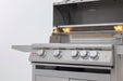 Stono Outdoor Living The Blaze Premium LTE+ Marine Grade 32" 4-Burner Propane Grill (BLZ-4LTE3MG-LP) features four control knobs, a side shelf, internal grill lights, and a stainless steel lid open to reveal a spacious cooking surface with rear infrared burner.