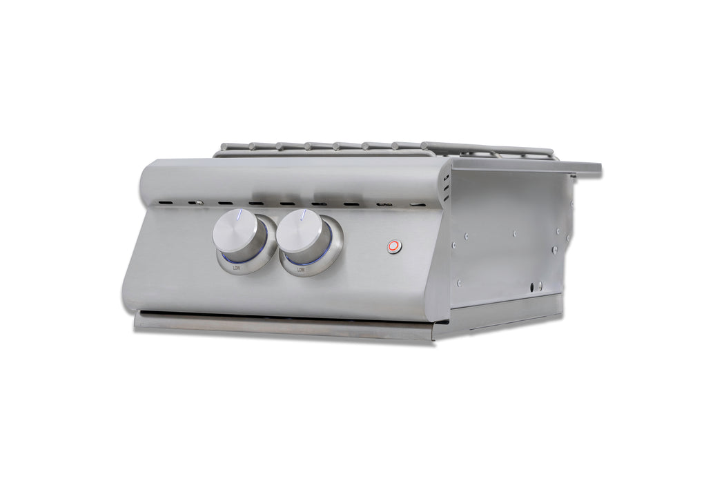 Stono Outdoor Living The Blaze Premium LTE+ Built-In Natural Gas Power Burner (BLZ-PBLTE3-NG) by Blaze features two control knobs, a wok ring, stainless steel lid, and red indicator light—ideal for any outdoor kitchen setup. Photographed on a white background.
