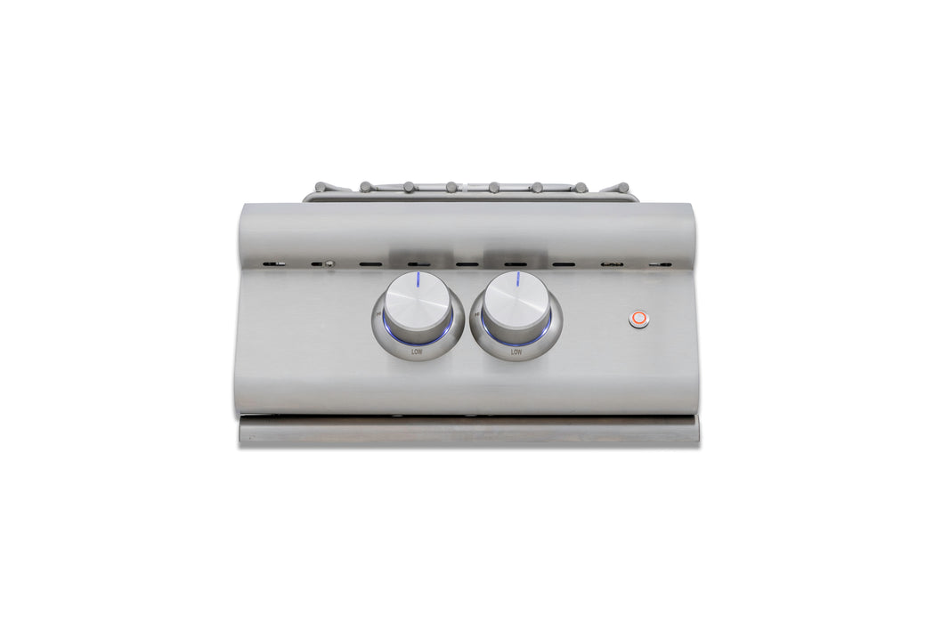 Stono Outdoor Living The Blaze Premium LTE+ Built-In Natural Gas High Performance Power Burner (BLZ-PBLTE3-NG) by Blaze has a stainless steel control panel, two round knobs with blue lines, and a red power indicator on the right, shown from the front against a white background.