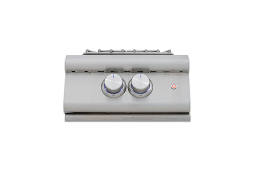 Stono Outdoor Living The Blaze Premium LTE+ Built-In Natural Gas High Performance Power Burner (BLZ-PBLTE3-NG) by Blaze has a stainless steel control panel, two round knobs with blue lines, and a red power indicator on the right, shown from the front against a white background.