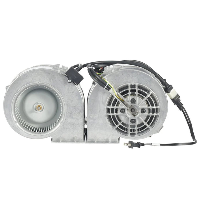 Stono Outdoor Living The Coyote 1200 CFM Blower (C1BLOW1200) by Coyote is a dual blower fan assembly with a metallic housing, exposed motor parts, electrical wiring, and an attached power plug, shown against a plain white background.