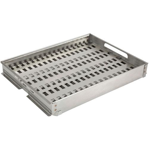 Stono Outdoor Living The Coyote Charcoal Tray for C3C30 & C3SL30 (C3C30CHTR) is a stainless steel grill accessory with slotted sides and handles, ideal for grilling vegetables or small foods over charcoal with Coyote grills.