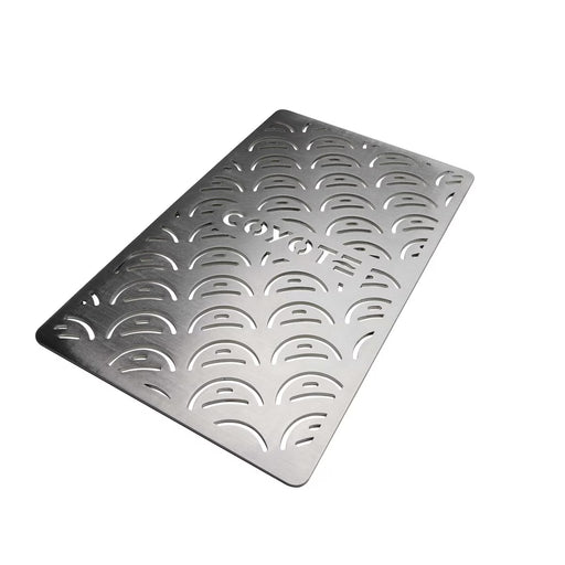 Stono Outdoor Living The Coyote Signature Vegetable Grate for C3C30 (C3CSIGRATE30V) features a rectangular stainless steel design with semi-circular cut-outs and COYOTE branding, ideal for grilling vegetables on your C3C30 grill.