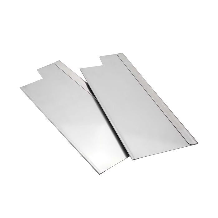 Stono Outdoor Living Two shiny rectangular metal sheets with angled edges and notched corners, the Coyote Heat Zone Separator Set for C3C34 (C3HZSC34), are shown overlapping on a white background. Ideal as a grill heat separator by Coyote.