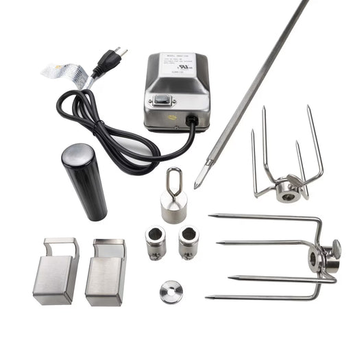 Stono Outdoor Living Coyote Rotisserie Kit for 42" Grill - C3ROT42 components displayed on white background, including commercial-grade motor, spit rod, meat forks, counterbalance weights, collar clamps, and handle—ideal for high-performance rotisserie systems.