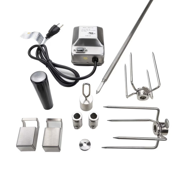 Stono Outdoor Living Coyote Rotisserie Kit for 42" Grill - C3ROT42 components displayed on white background, including commercial-grade motor, spit rod, meat forks, counterbalance weights, collar clamps, and handle—ideal for high-performance rotisserie systems.