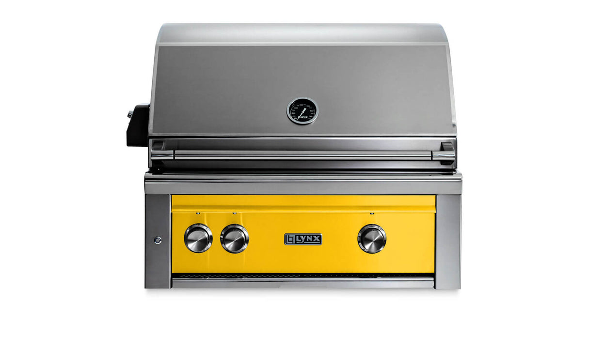Stono Outdoor Living The Lynx 30" Built-In Grill (L30TR-CALP) features a California Poppy yellow front, three control knobs, infrared Trident™ burner, rotisserie, temperature gauge, closed hood, and the iconic Lynx logo.