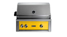 Stono Outdoor Living The Lynx 30" Built-In Grill (L30TR-CALP) features a California Poppy yellow front, three control knobs, infrared Trident™ burner, rotisserie, temperature gauge, closed hood, and the iconic Lynx logo.