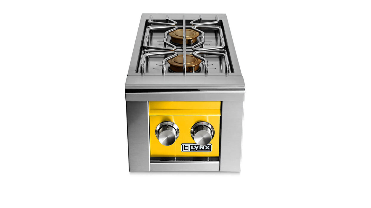 Stono Outdoor Living The Lynx Built-in Double Side Burners in California Poppy (LSB2-2-CANG) feature two control knobs, a yellow front panel, and stainless steel construction—ideal for enhancing your outdoor kitchen or built-in grill.