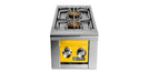 Stono Outdoor Living The Lynx Built-in Double Side Burners in California Poppy (LSB2-2-CANG) feature two control knobs, a yellow front panel, and stainless steel construction—ideal for enhancing your outdoor kitchen or built-in grill.