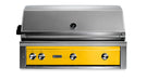 Stono Outdoor Living The Lynx 42" Built-In Grill w/ Rotisserie in California Poppy (L42R-3-CANG) is a stainless steel, professional-grade grill with ceramic burners, three control knobs, a built-in thermometer, and the Lynx logo on its bright yellow front panel.