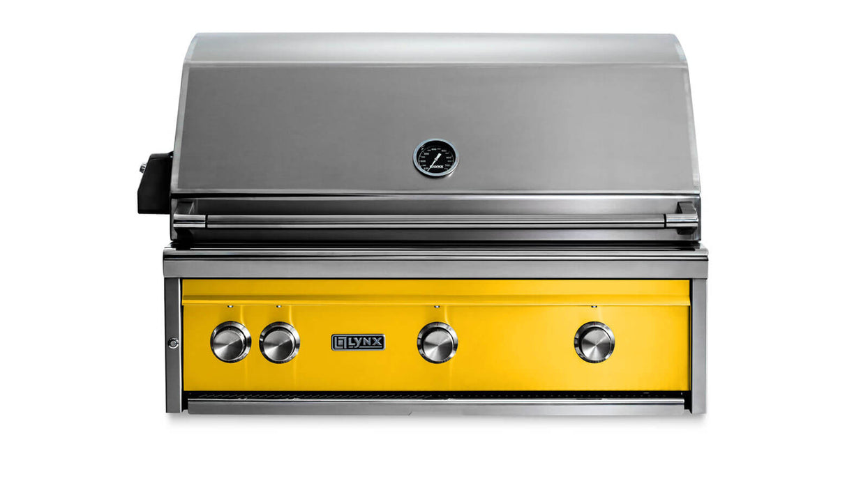 Stono Outdoor Living The Lynx 36" Built-In Grill w/ Rotisserie in California Poppy (L36R-3-CANG) features four control knobs, a stainless steel build, a yellow front panel, and a built-in temperature gauge—ideal for any outdoor kitchen.