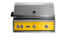 Stono Outdoor Living The Lynx 36" Built-In Grill w/ Rotisserie in California Poppy (L36R-3-CANG) features four control knobs, a stainless steel build, a yellow front panel, and a built-in temperature gauge—ideal for any outdoor kitchen.