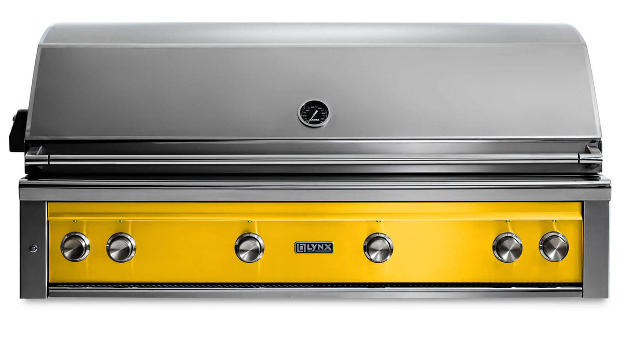 Stono Outdoor Living The Lynx 54" Built-In Grill in California Poppy (L54TR-CANG) features a stainless steel body, yellow front, five control knobs, infrared Trident™ burner, rotisserie, lid temperature gauge, and Lynx logo—ideal for outdoor kitchens.