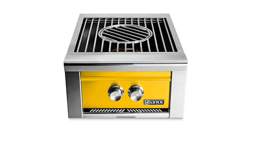 Stono Outdoor Living The Lynx Power Burner in California Poppy (LPB-CANG) by Lynx is a high-BTU outdoor grill with two control knobs and a round central grate, shown on a white background—ideal for versatile outdoor cooking.