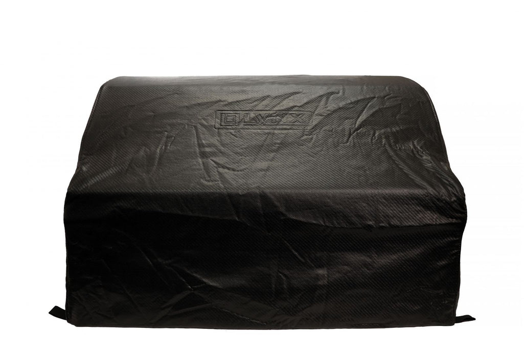 Stono Outdoor Living A Lynx 54" Carbon Fiber Vinyl Cover (built-in) - CC54 in black, featuring a textured surface and embossed branding, is draped over a rectangular object against a plain white background.