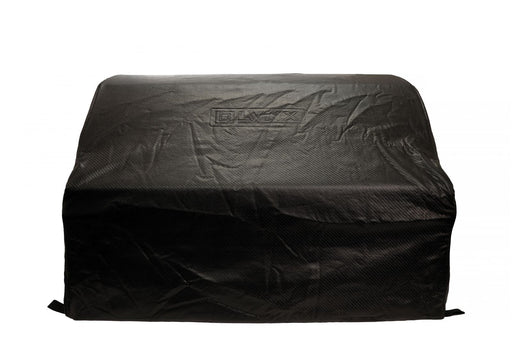 Stono Outdoor Living A Lynx 54" Carbon Fiber Vinyl Cover (built-in) - CC54 in black, featuring a textured surface and embossed branding, is draped over a rectangular object against a plain white background.