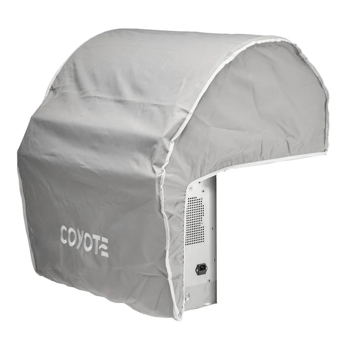 Stono Outdoor Living The Coyote Cover for 28" Built-In Pellet Grill (Gray - CCVR28P-BIG) shields your grill with weather-resistant material, a curved top, and vented panel, featuring "COYOTE" branding for a sleek outdoor fit.
