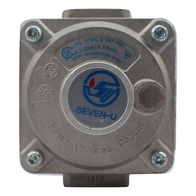 Stono Outdoor Living Front view of the Coyote 1/2" In-Line LP Regulator (CINLNREG) with blue logo; technical specs and certification markings on top. Four corner screws provide secure fitting, making it ideal for safe LP gas flow control.
