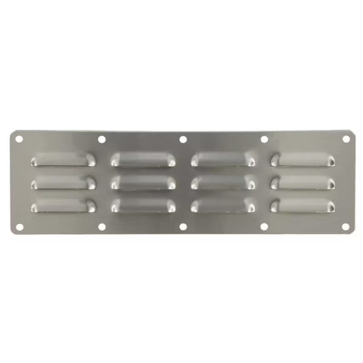 Stono Outdoor Living The Coyote Stainless Island Vent 2 Pack (15" x 4 1/2", COYVENT) features twelve horizontal slots in two rows and eight mounting holes, perfect for grill island or outdoor kitchen ventilation.