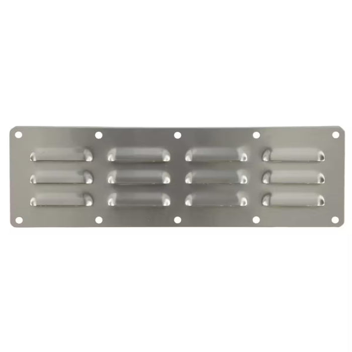 Stono Outdoor Living The Coyote Stainless Island Vent 2 Pack (15" x 4 1/2", COYVENT) features twelve horizontal slots in two rows and eight mounting holes, perfect for grill island or outdoor kitchen ventilation.