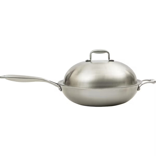 Stono Outdoor Living The Coyote Wok for Power Burner (CWOK) by Coyote features stainless steel with a long handle, domed lid, and helper handle—perfect for stir-fry and outdoor cooking. Shown against a white background.