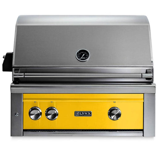 Stono Outdoor Living The Lynx 30" Built-In Grill w/ Rotisserie in California Poppy (L30R-3-CALP) features ceramic burners, a built-in thermometer, three control knobs, a partially open lid, and shows the Lynx logo above the yellow front panel.