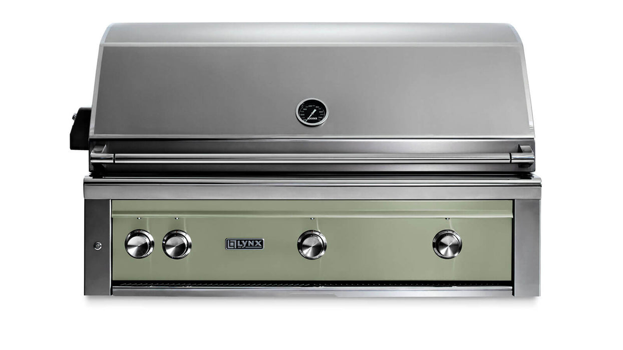 Stono Outdoor Living The Lynx 42" Built-In Grill w/ Rotisserie in Desert Sage (L42R-3-DSNG) features stainless steel, three control knobs, a temperature gauge on the hood, and a closed lid—ideal for any outdoor kitchen.