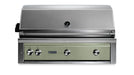 Stono Outdoor Living The Lynx 42" Built-In Grill w/ Rotisserie in Desert Sage (L42R-3-DSNG) features stainless steel, three control knobs, a temperature gauge on the hood, and a closed lid—ideal for any outdoor kitchen.