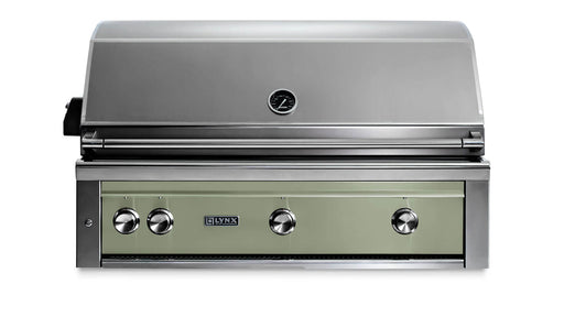 Stono Outdoor Living The Lynx 42" Built-In Grill w/ Rotisserie in Desert Sage (L42R-3-DSNG) features stainless steel, three control knobs, a temperature gauge on the hood, and a closed lid—ideal for any outdoor kitchen.
