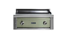 Stono Outdoor Living The Lynx 30” Asado Built-In Grill in Desert Sage (L30AG-DSNG) features stainless steel, a green front panel with two control knobs, and the Lynx logo—an ideal luxury grill for outdoor kitchens, showcased against a white background.