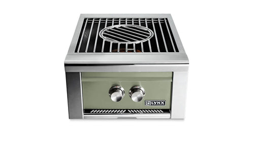 Stono Outdoor Living Front view of the Lynx Power Burner in Desert Sage (LPB-DSNG) by Lynx, featuring two control knobs, a high-BTU burner, and a rectangular grate with a central circular section—ideal for versatile outdoor cooking.