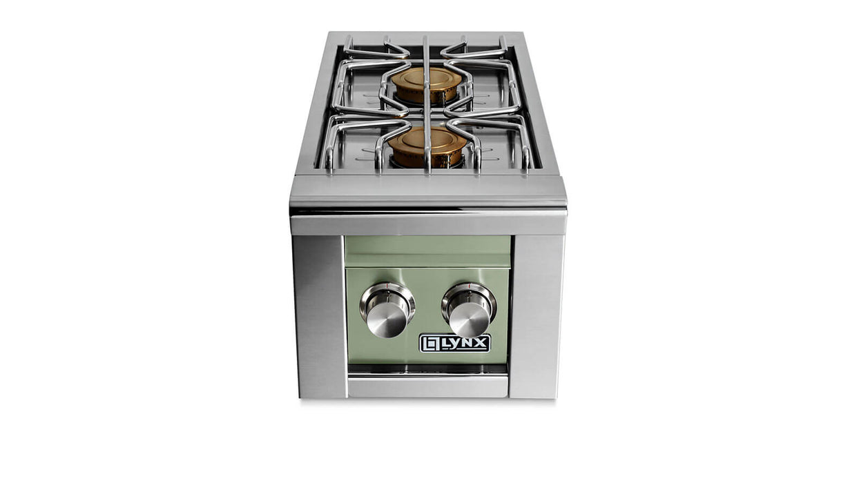 Stono Outdoor Living The Lynx Built-in Double Side Burners in Desert Sage (LSB2-2-DSNG) features two control knobs on a stainless steel finish, ideal for built-in grills, with the Lynx brand label displayed on the front against a white background.